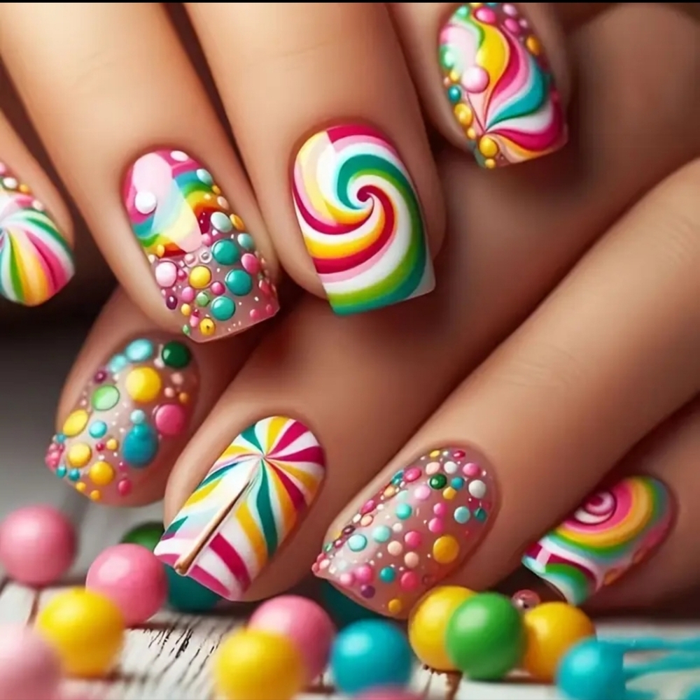 🍬🍭 Colorful Candy Swirls & Dots Reusable Press-on Nail Kit (24 Nails) 🍭🍬🍭